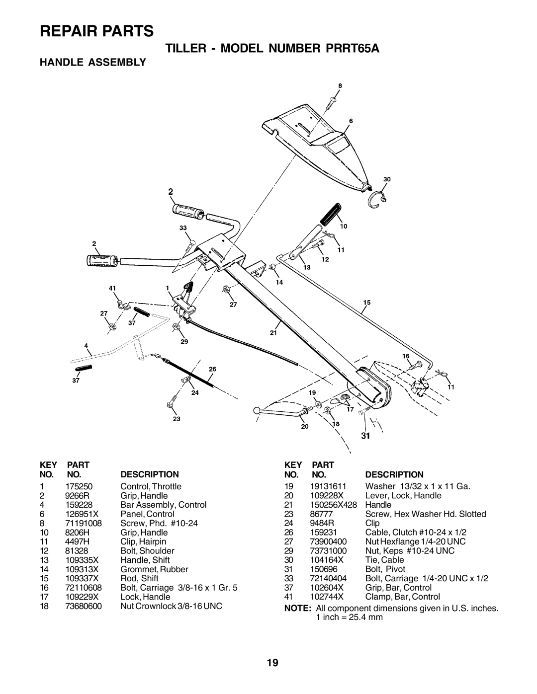 Poulan manual Tiller Model Number PRRT65A, Handle Assembly 