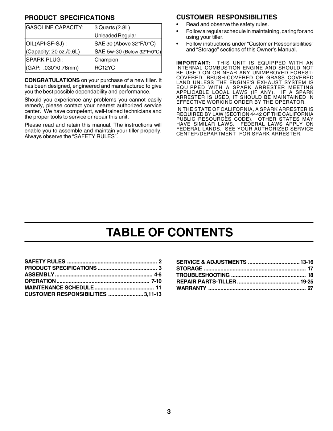 Poulan PRRT65A manual Table of Contents 