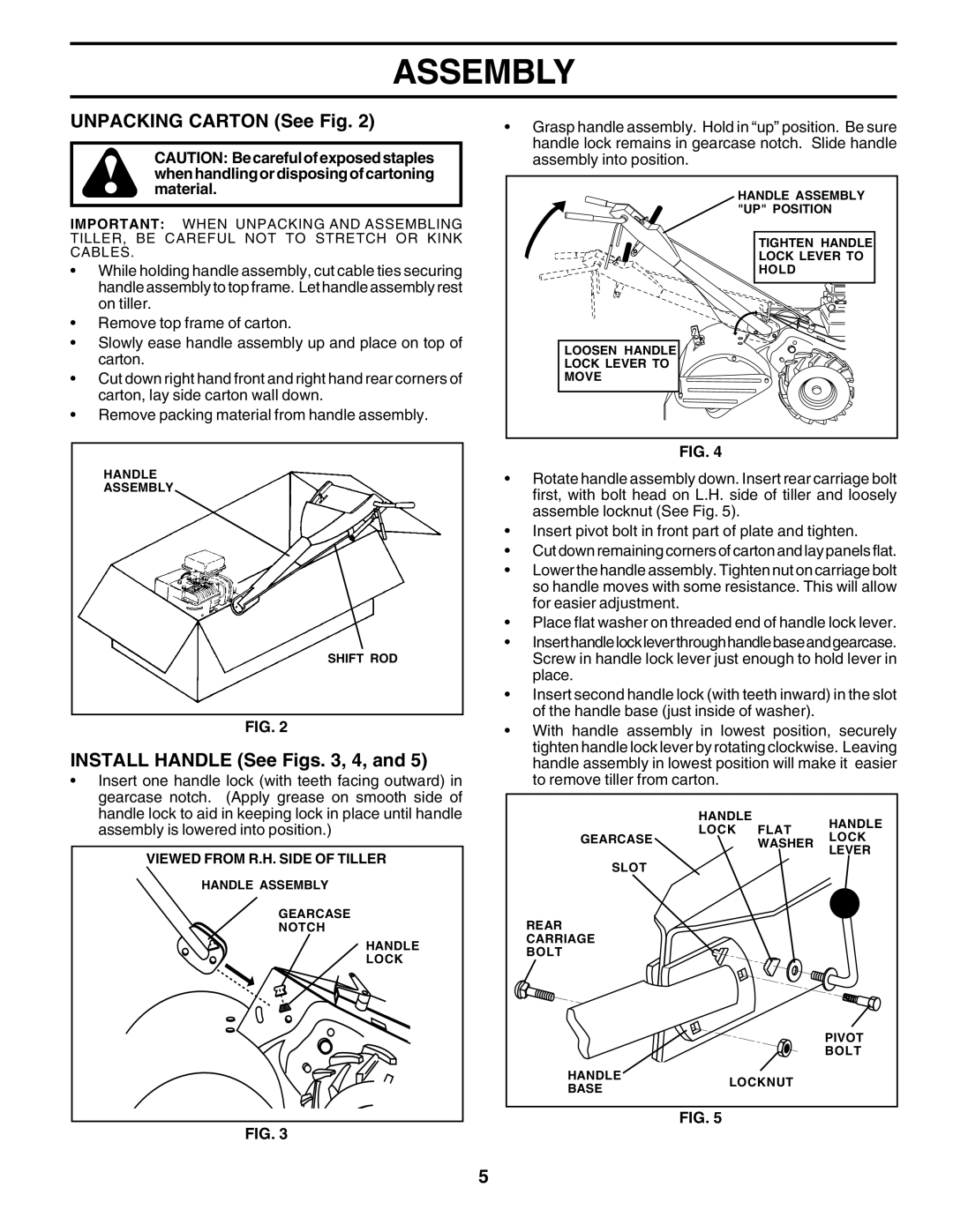 Poulan PRRT65A manual Unpacking Carton See Fig, Install Handle See Figs , 4 