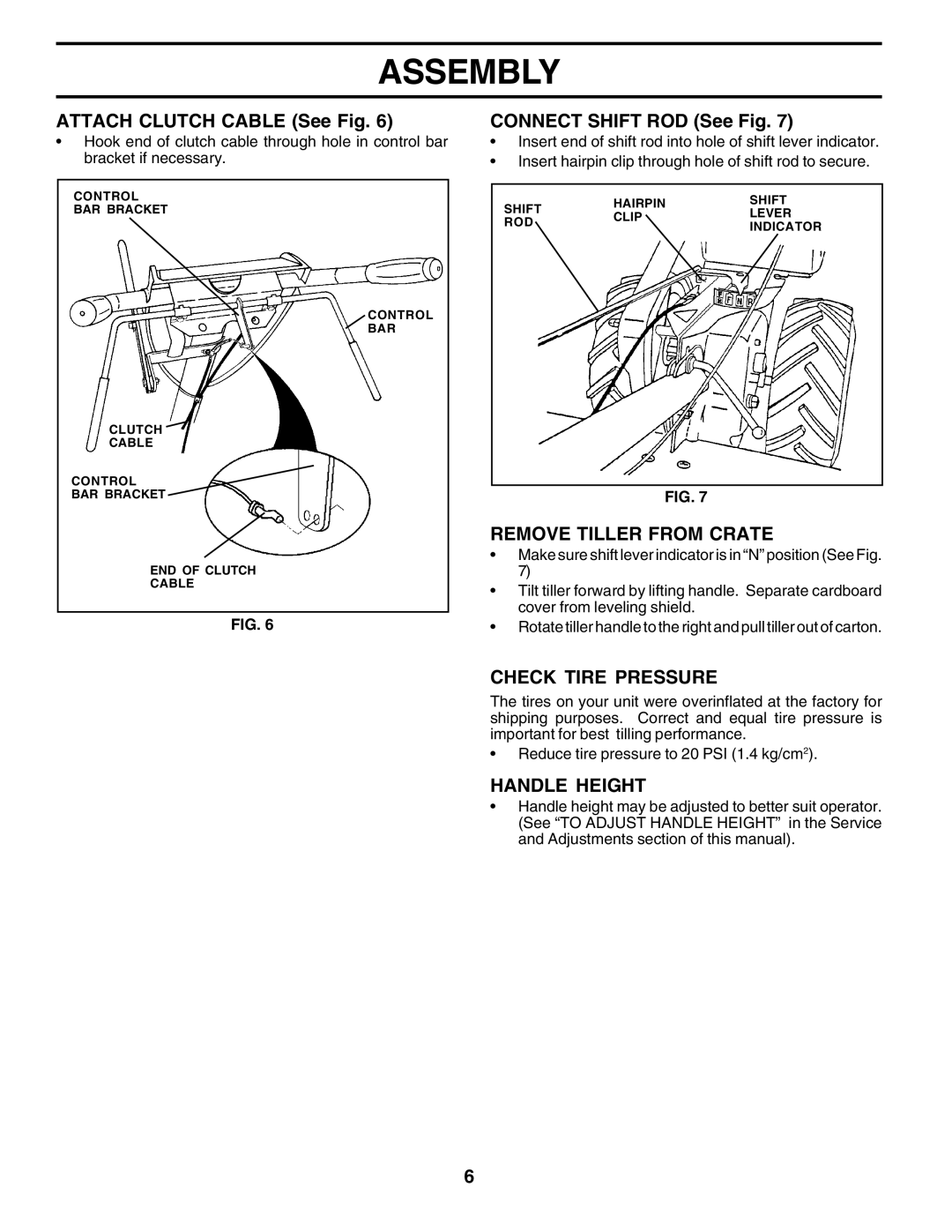 Poulan PRRT65A manual Attach Clutch Cable See Fig, Connect Shift ROD See Fig, Remove Tiller from Crate, Check Tire Pressure 