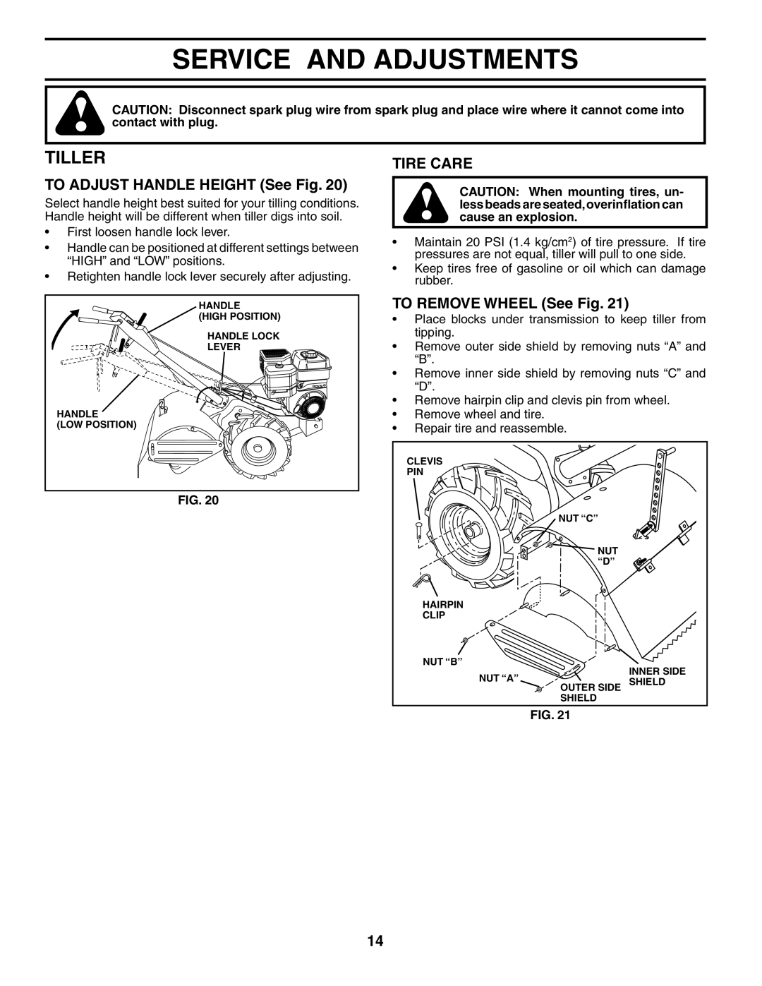 Poulan PRRT65B Service and Adjustments, Tiller, To Adjust Handle Height See Fig, Tire Care, To Remove Wheel See Fig 