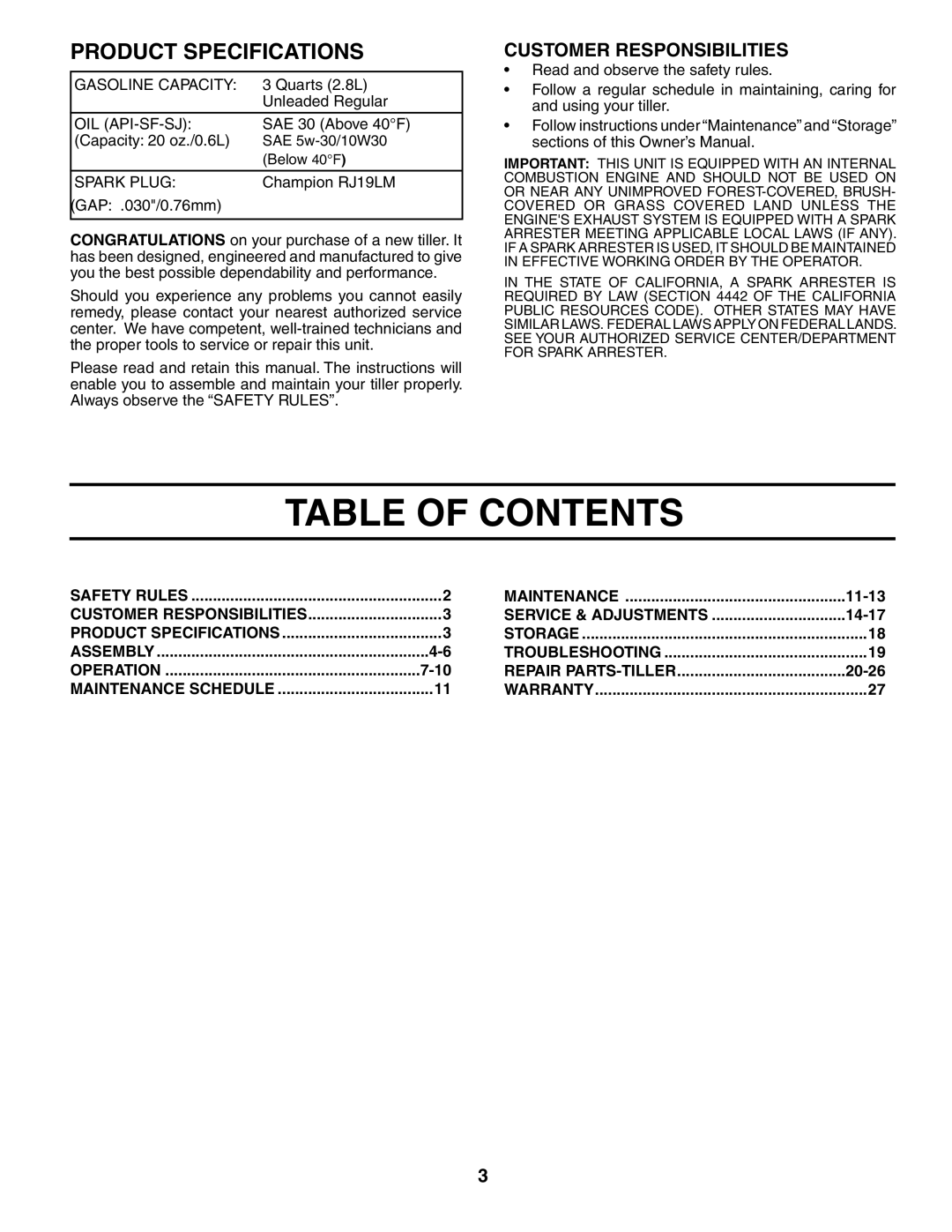 Poulan PRRT65B owner manual Table of Contents 