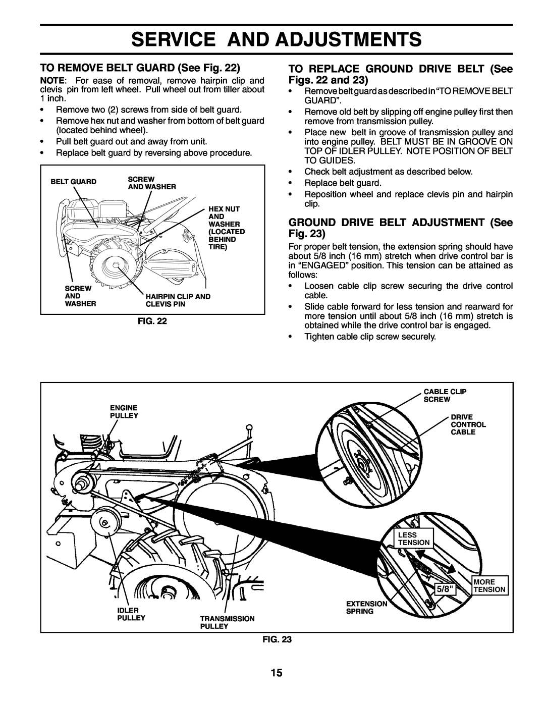 Poulan PRRT65B TO REMOVE BELT GUARD See Fig, TO REPLACE GROUND DRIVE BELT See Figs. 22 and, Service And Adjustments 