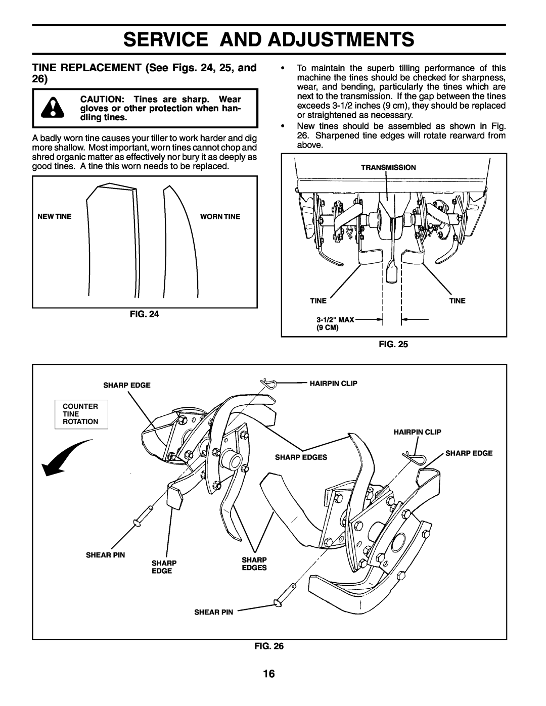 Poulan PRRT65B owner manual TINE REPLACEMENT See Figs. 24, 25, and, Service And Adjustments 