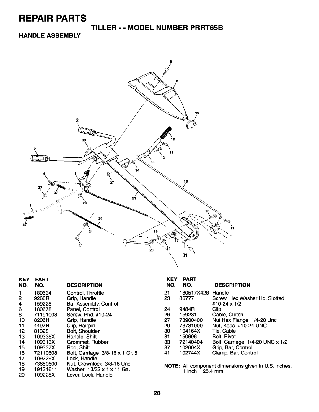 Poulan owner manual Repair Parts, TILLER - - MODEL NUMBER PRRT65B, Handle Assembly, Description 