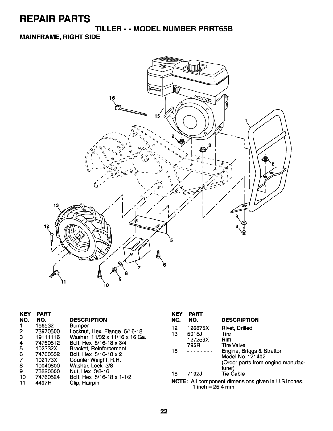 Poulan owner manual Mainframe, Right Side, 166532, Bumper, Repair Parts, TILLER - - MODEL NUMBER PRRT65B, Description 