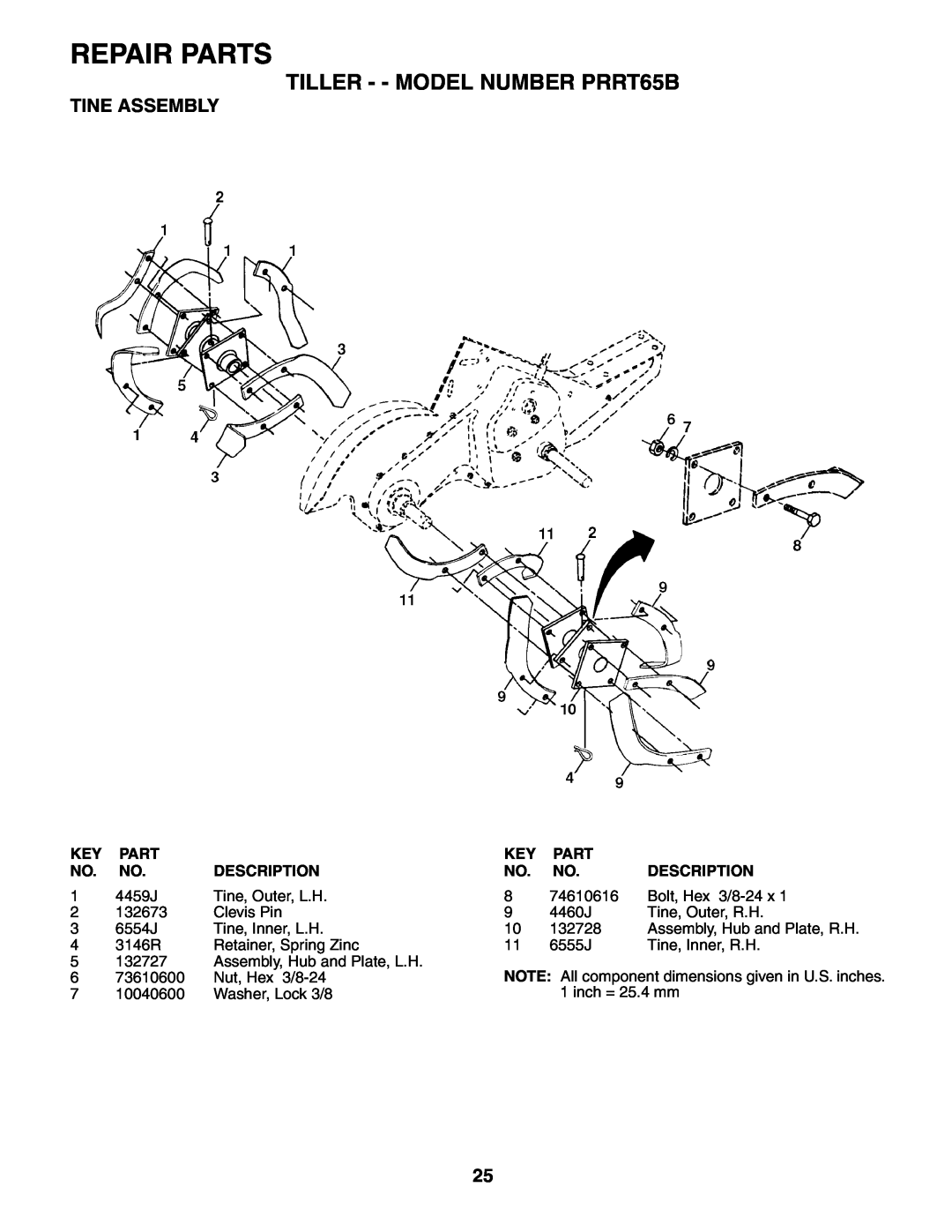 Poulan owner manual Tine Assembly, Repair Parts, TILLER - - MODEL NUMBER PRRT65B, Description 