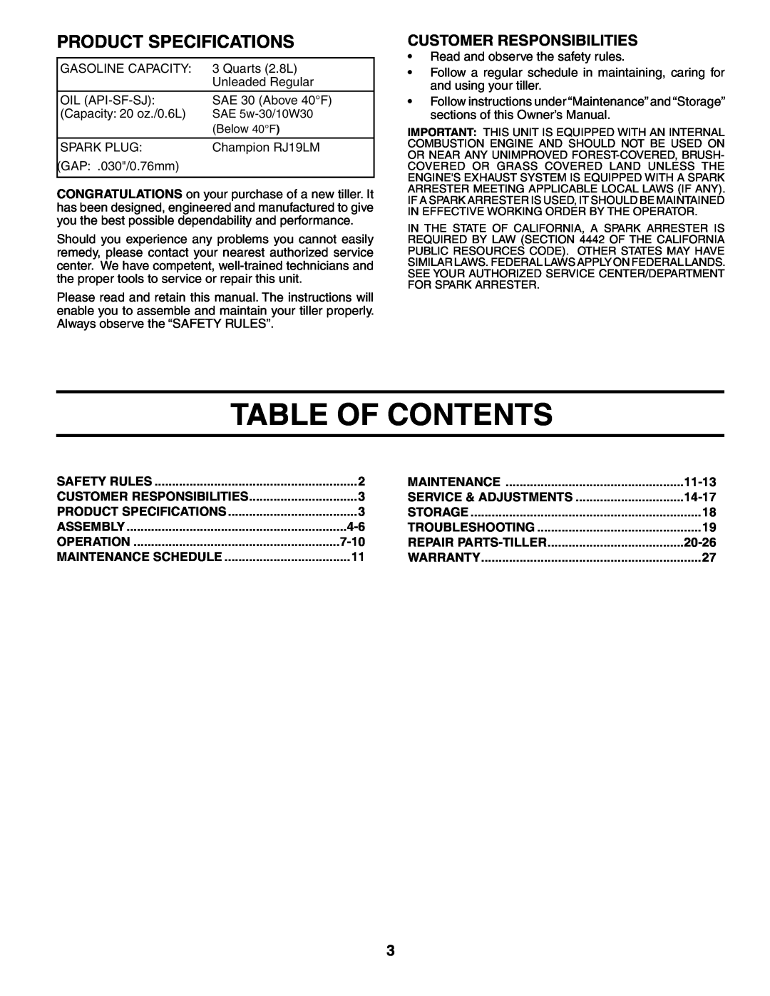 Poulan PRRT65B owner manual Table Of Contents, Product Specifications, Customer Responsibilities, 7-10, 11-13, 14-17, 20-26 