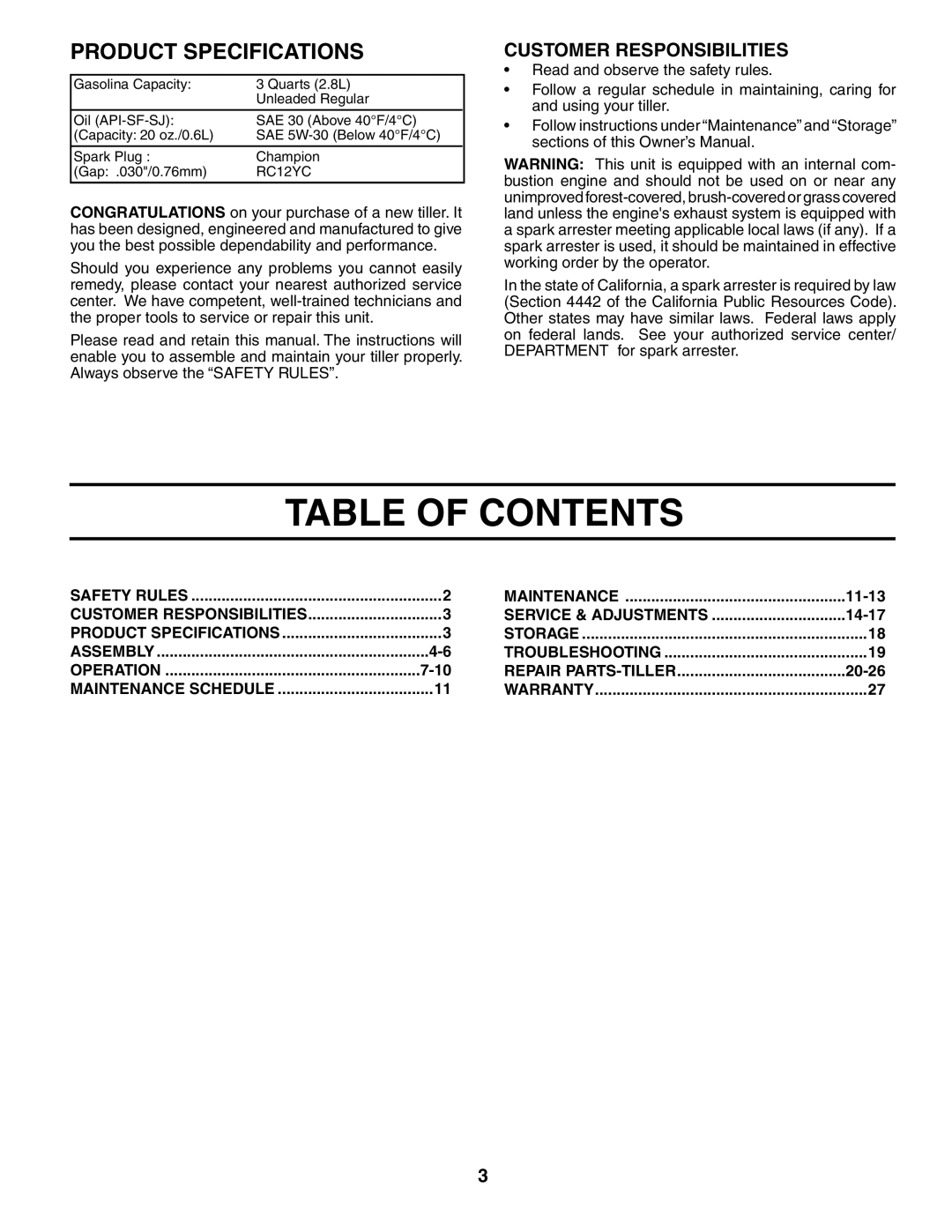 Poulan PRRT65D owner manual Table of Contents 