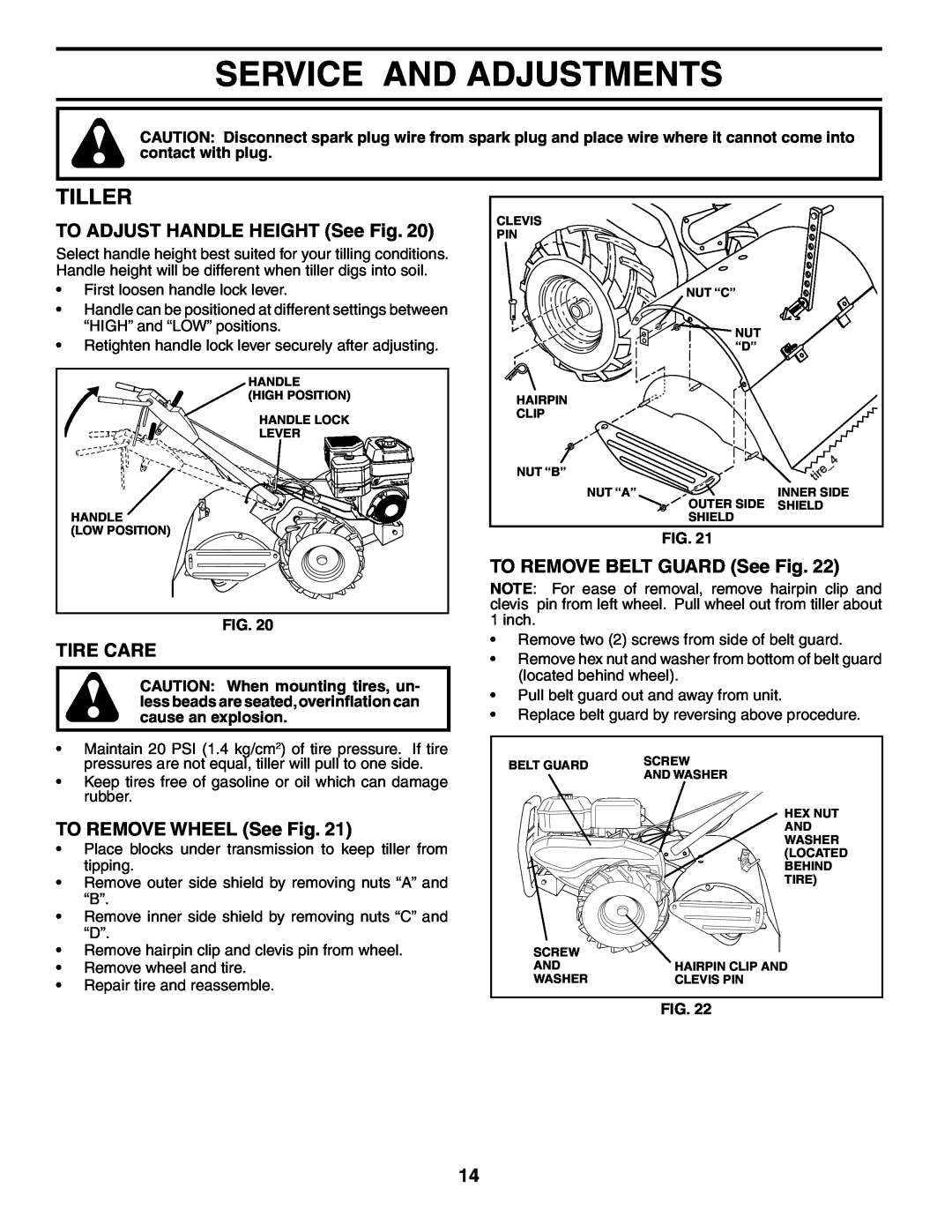 Poulan PRRT65D Service And Adjustments, Tiller, TO ADJUST HANDLE HEIGHT See Fig, Tire Care, TO REMOVE WHEEL See Fig 