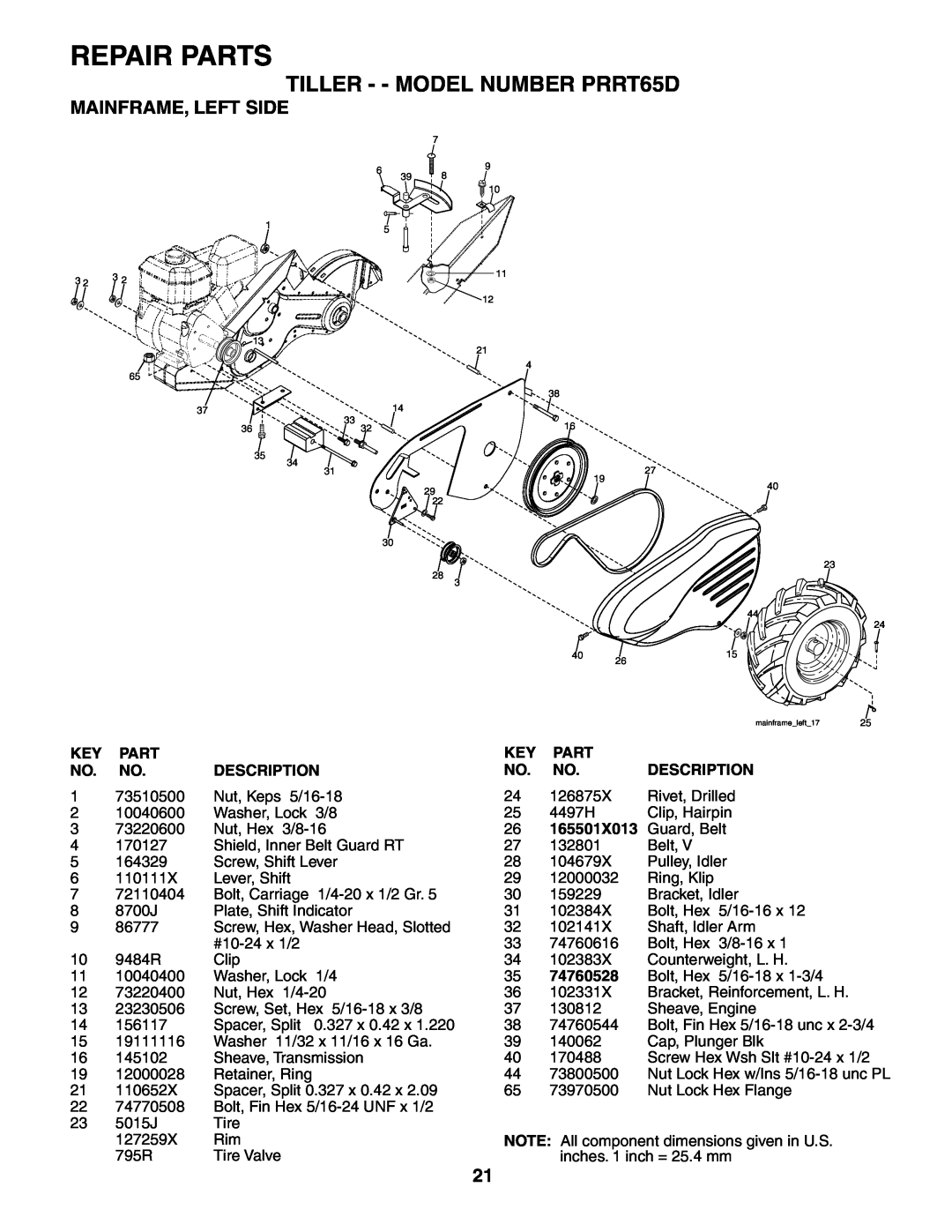 Poulan Mainframe, Left Side, 165501X013, 74760528, Repair Parts, TILLER - - MODEL NUMBER PRRT65D, Description 