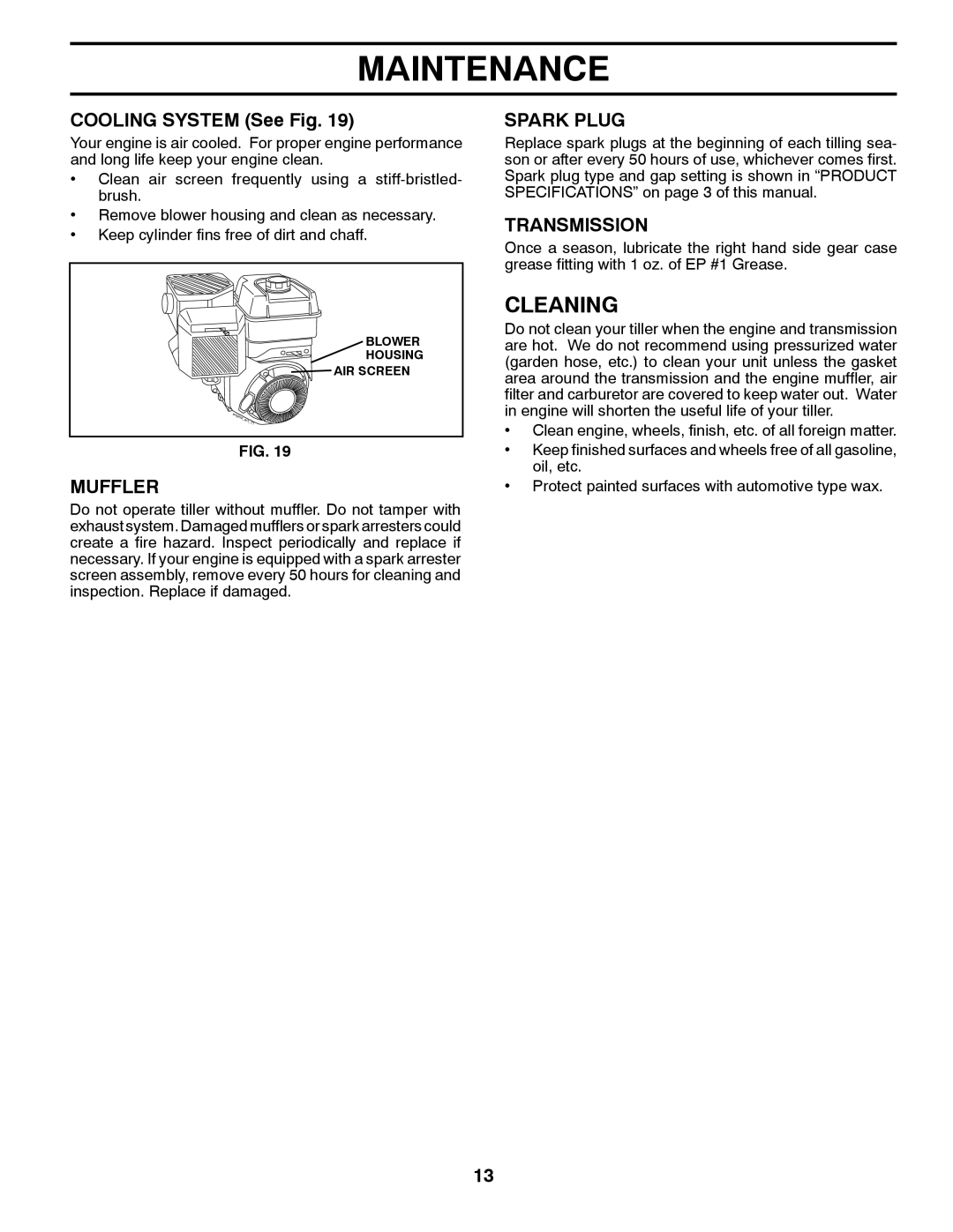 Poulan PRRT850 manual Cleaning, Cooling System See Fig, Muffler, Spark Plug, Transmission 