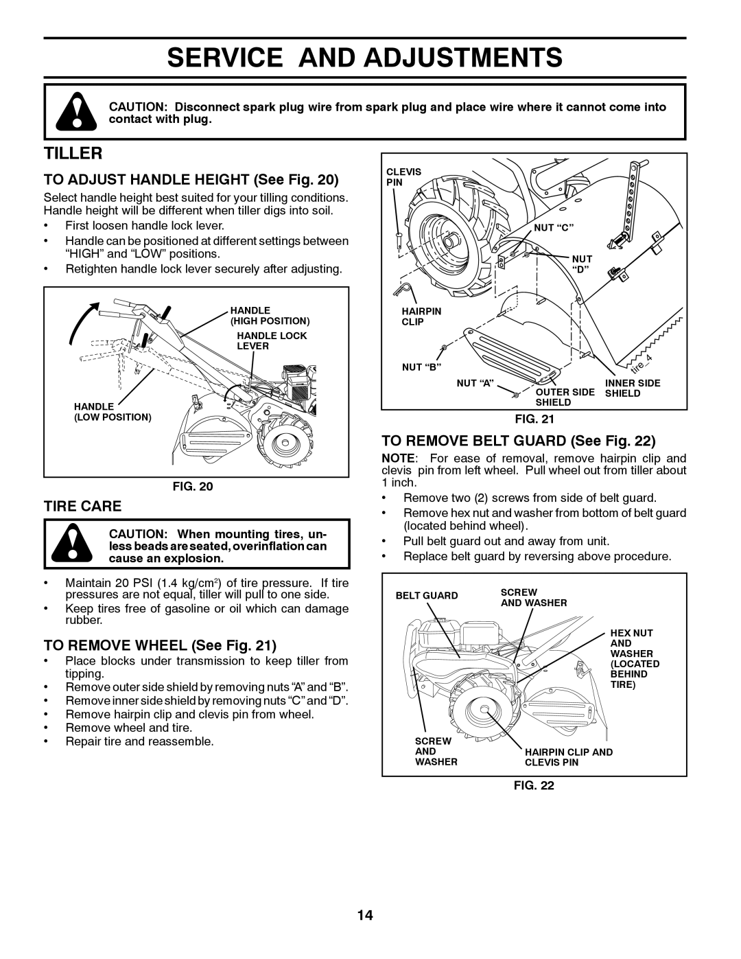 Poulan PRRT850 manual Service and Adjustments, Tiller, Tire Care 