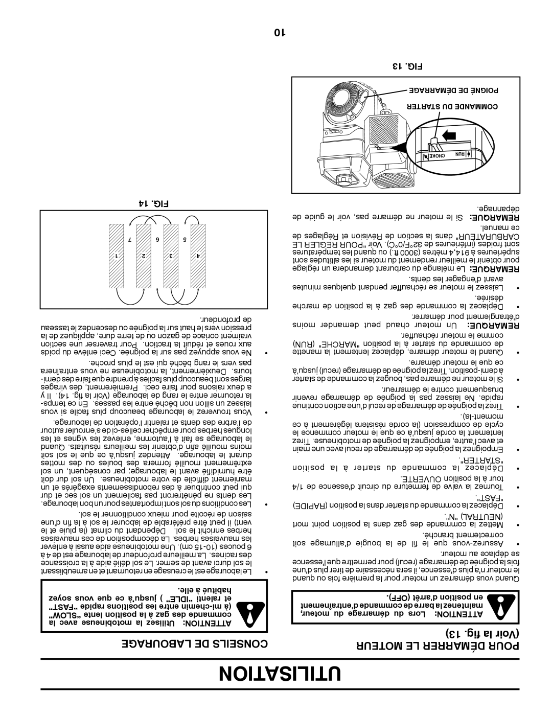 Poulan PRRT850 manual Labourage DE Conseils, Moteur LE Démarrer Pour, 14 .FIG, 13 .FIG 