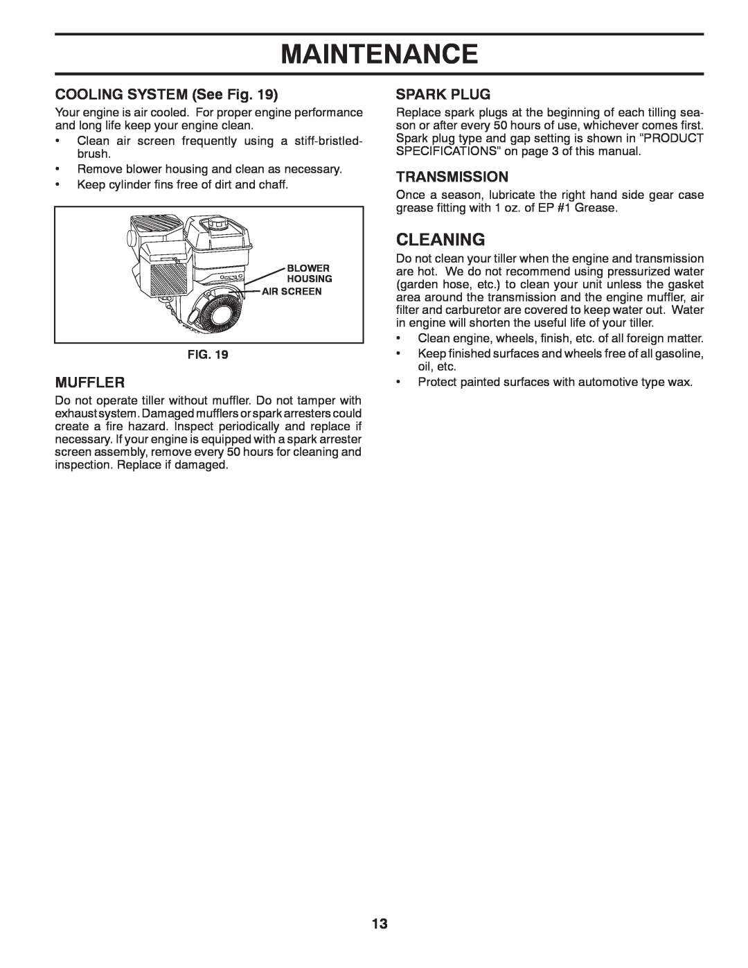 Poulan PRRT850 manual Cleaning, COOLING SYSTEM See Fig, Muffler, Spark Plug, Transmission, Maintenance 