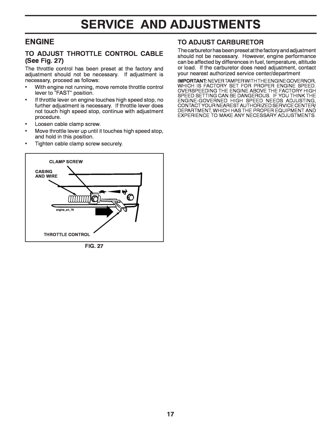 Poulan PRRT850 manual TO ADJUST THROTTLE CONTROL CABLE See Fig, To Adjust Carburetor, Service And Adjustments, Engine 