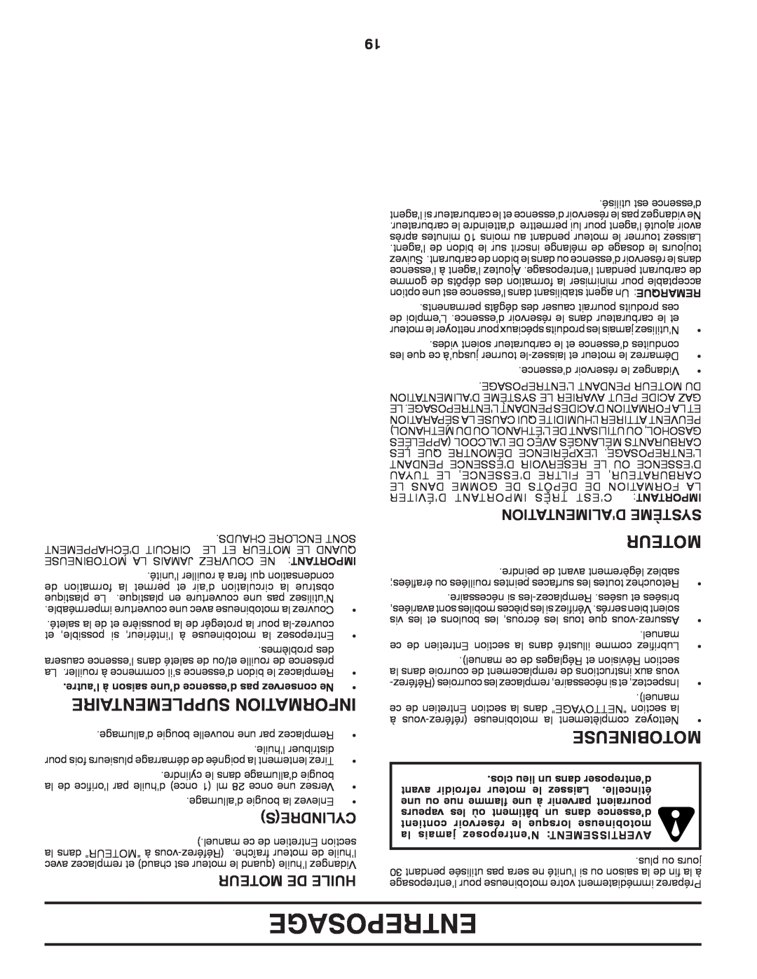 Poulan PRRT850 Entreposage, Supplementaire Information, Motobineuse, Cylindres, Moteur De Huile, Dalimentation Système 