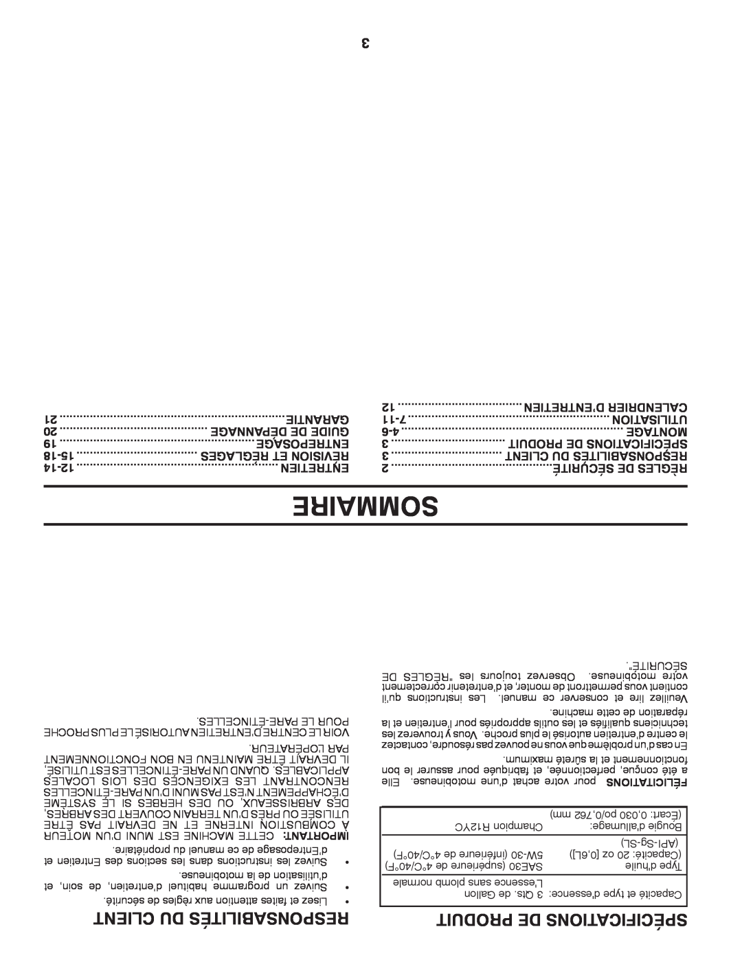 Poulan PRRT850 manual Sommaire, Client Du Responsabilités, Produit De Spécifications 