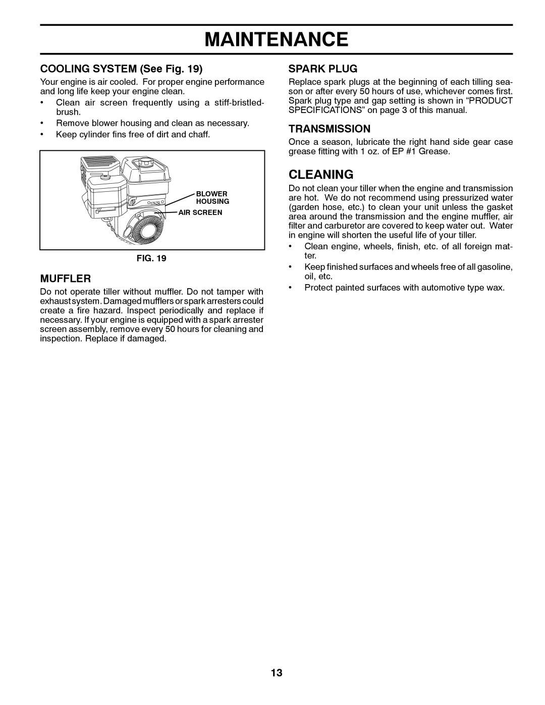 Poulan PRRT875X manual Cleaning, Cooling System See Fig, Muffler, Spark Plug, Transmission 