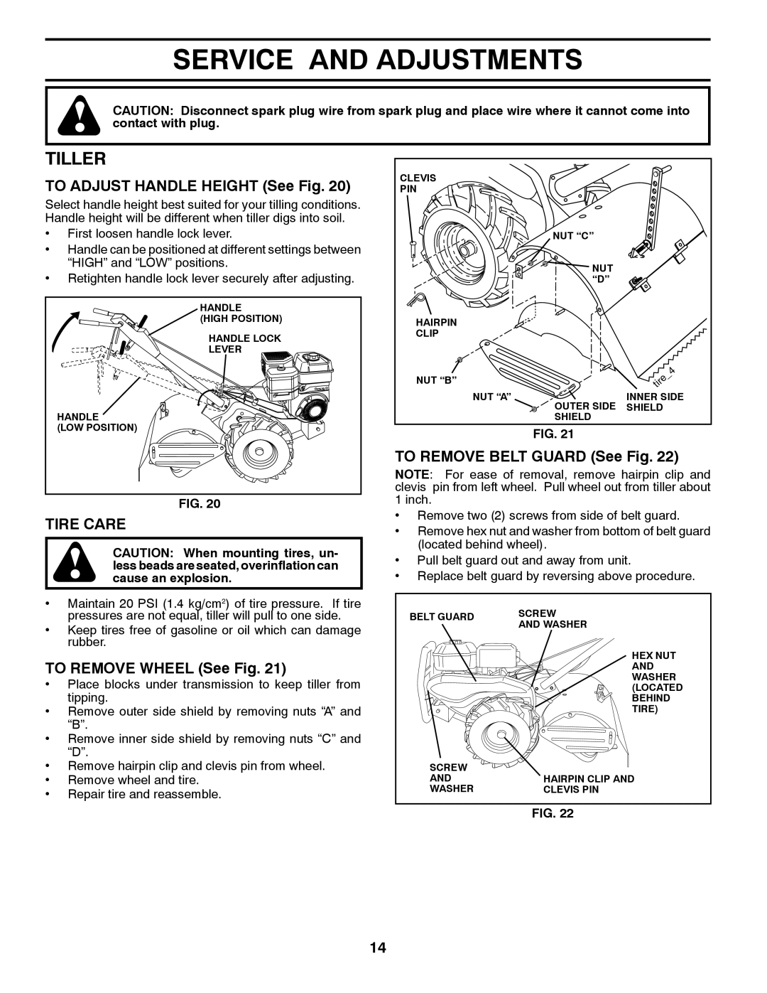 Poulan PRRT875X manual Service and Adjustments, Tiller, Tire Care 