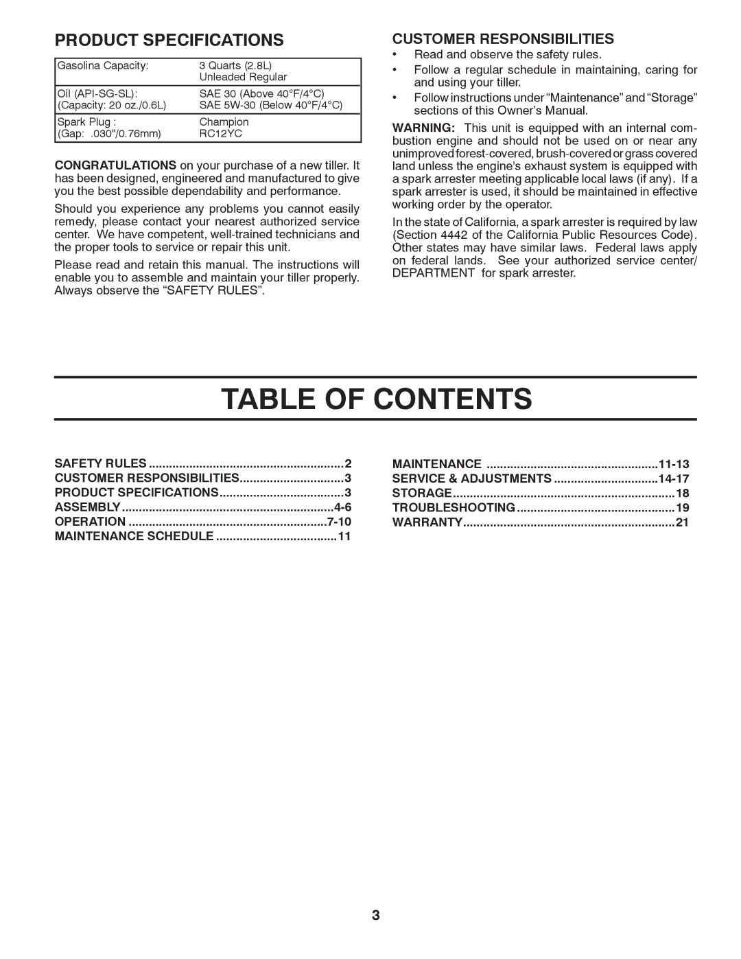 Poulan PRRT875X manual Table of Contents 