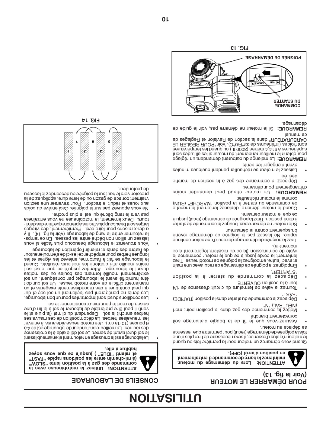 Poulan PRRT875X manual Labourage DE Conseils, Moteur LE Démarrer Pour, 14 .FIG, 13 .FIG 