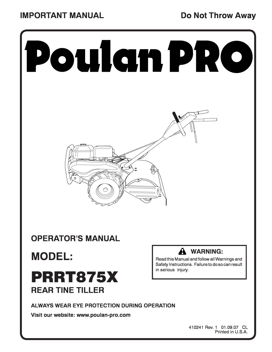 Poulan PRRT875X manual Model, Important Manual, Operators Manual, Rear Tine Tiller, Do Not Throw Away 