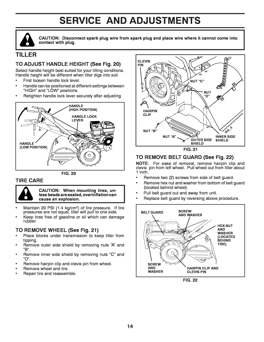 Poulan PRRT875X manual Service And Adjustments, Tiller, TO ADJUST HANDLE HEIGHT See Fig, Tire Care, TO REMOVE WHEEL See Fig 