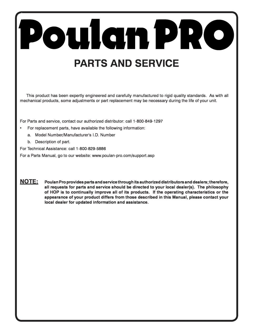 Poulan PRRT875X manual Parts And Service 