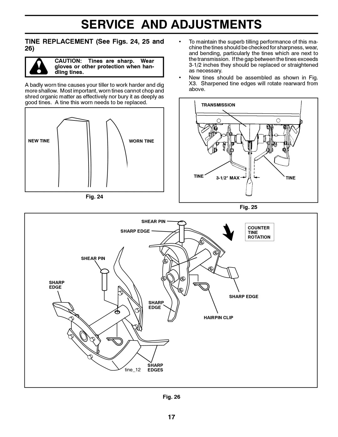 Poulan PRRT900 manual Tine Replacement See Figs , 25 