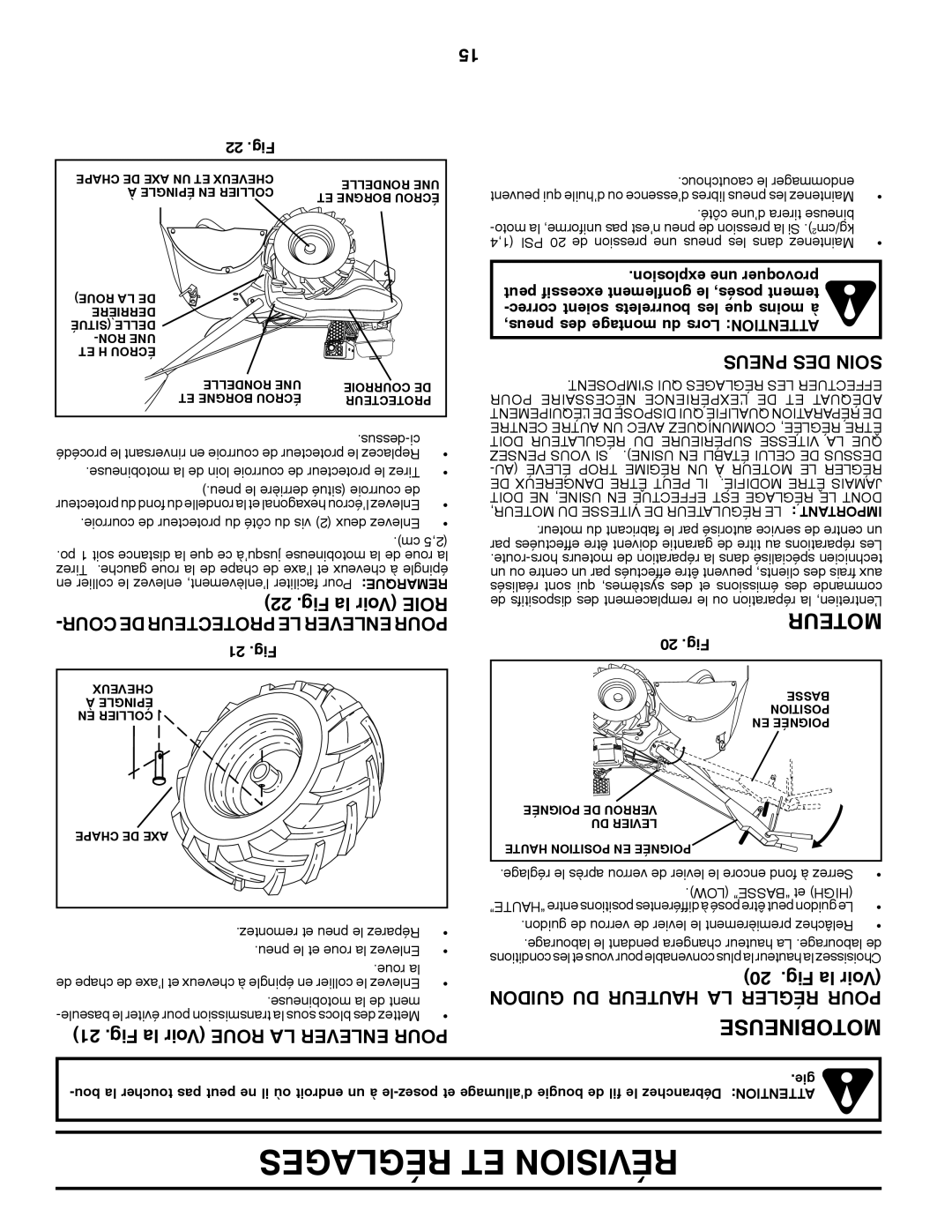 Poulan PRRT900 manual Fig la Voir Roie, Fig la Voir Roue LA Enlever Pour, Pneus DES Soin, Guidon DU Hauteur LA Régler Pour 