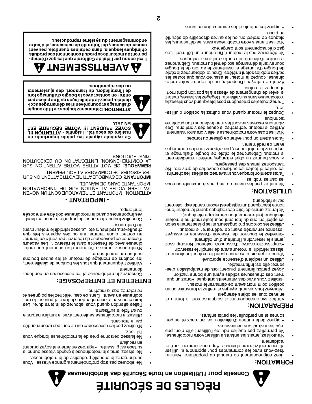 Poulan PRRT900 manual Sécurité DE Règles, Entreposage ET Entretien, Motobineuses des Sécurité toute 