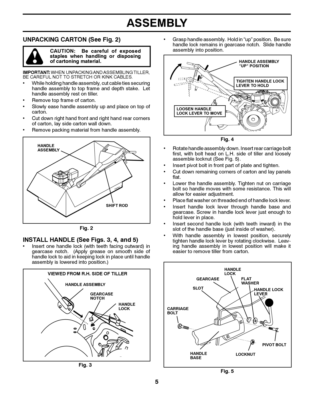 Poulan PRRT900 manual Unpacking Carton See Fig, Install Handle See Figs , 4 