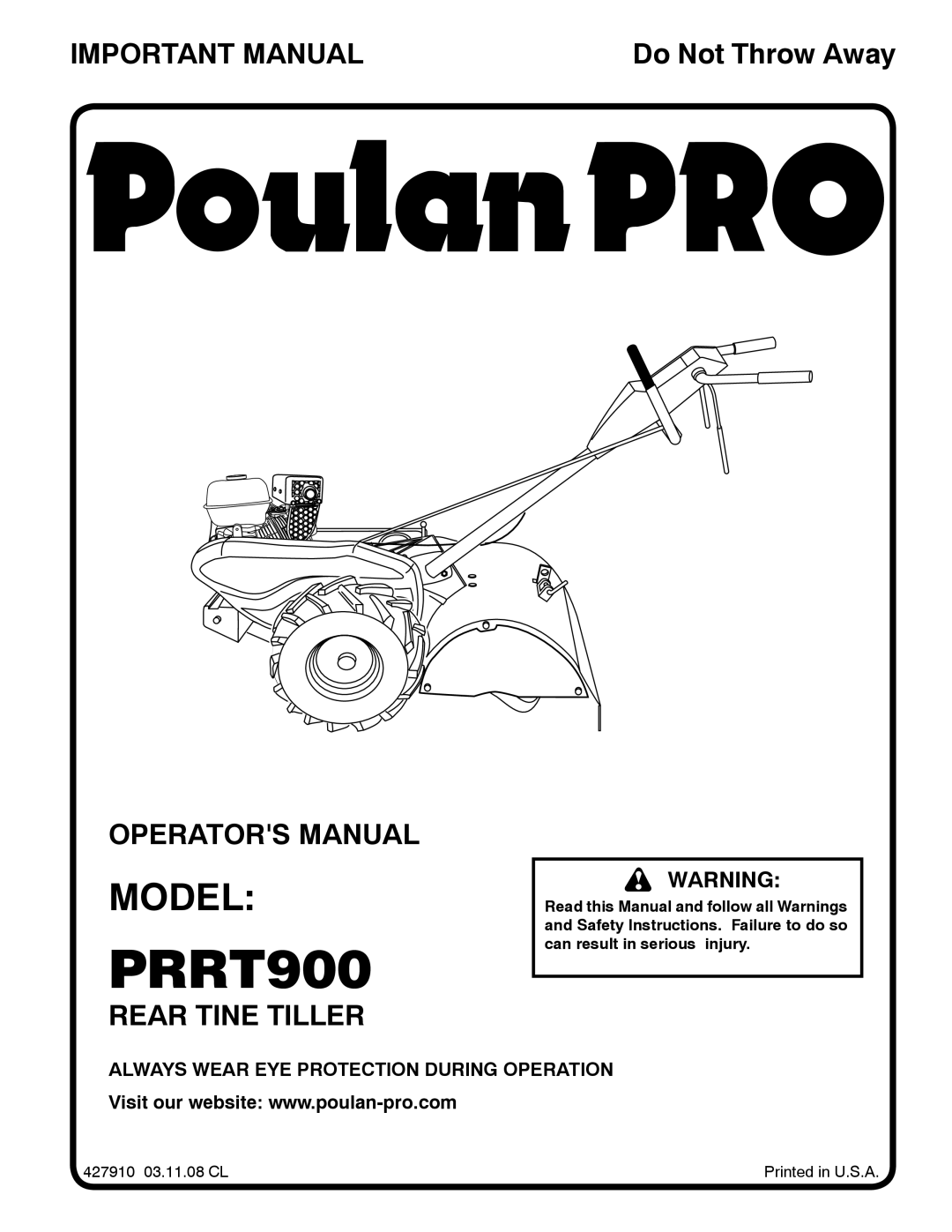 Poulan PRRT900 manual Model, Important Manual, Operators Manual, Rear Tine Tiller, Do Not Throw Away 