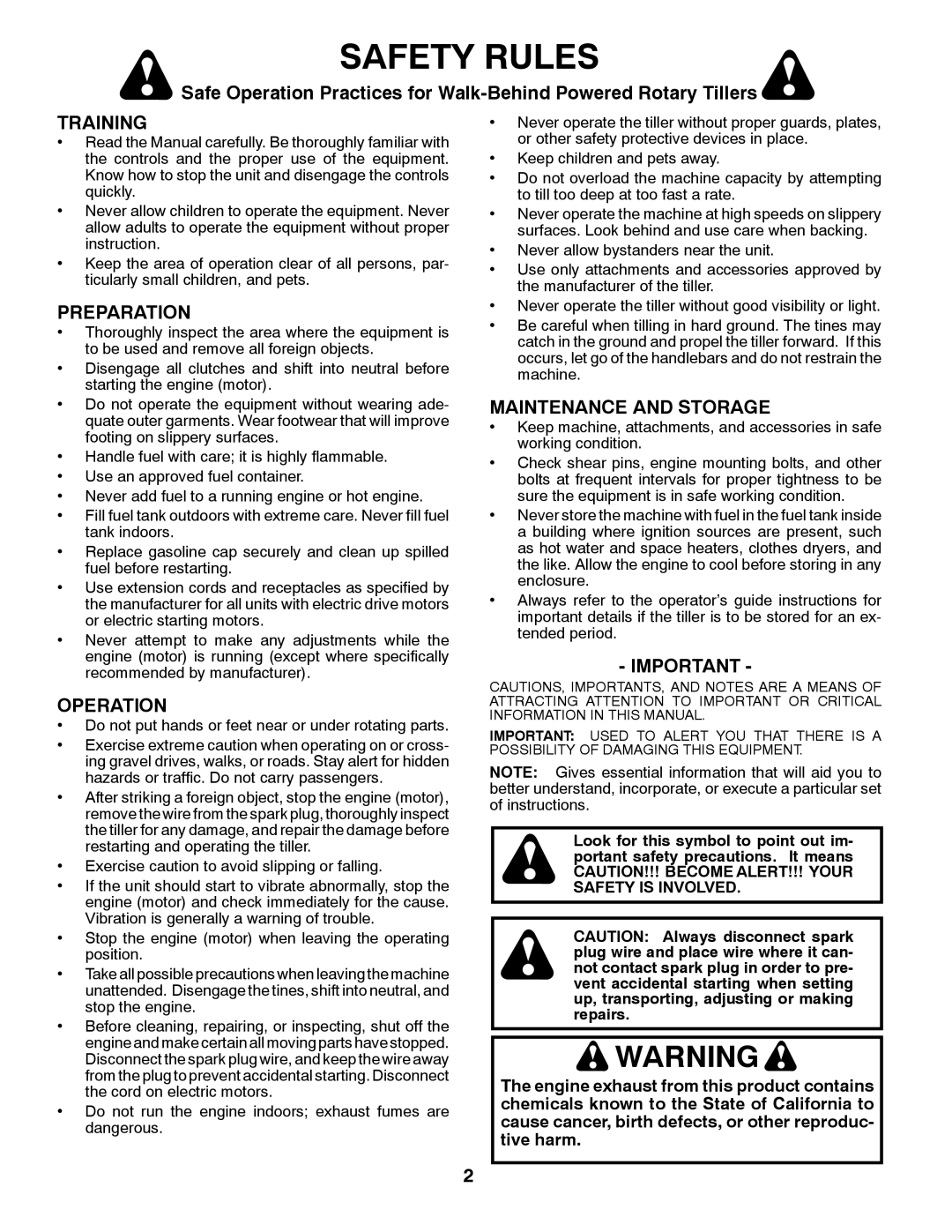Poulan PRRT900 manual Safety Rules, Safe Operation Practices for Walk-Behind Powered Rotary Tillers, Training, Preparation 