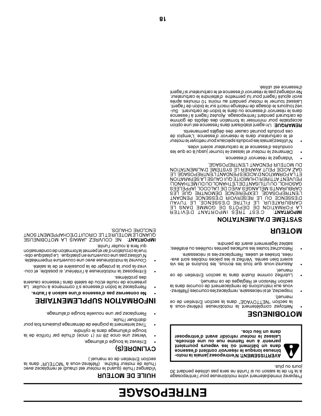 Poulan PRRT900 Entreposage, Supplementaire Information, Motobineuse, Cylindres, Moteur De Huile, Dalimentation Système 