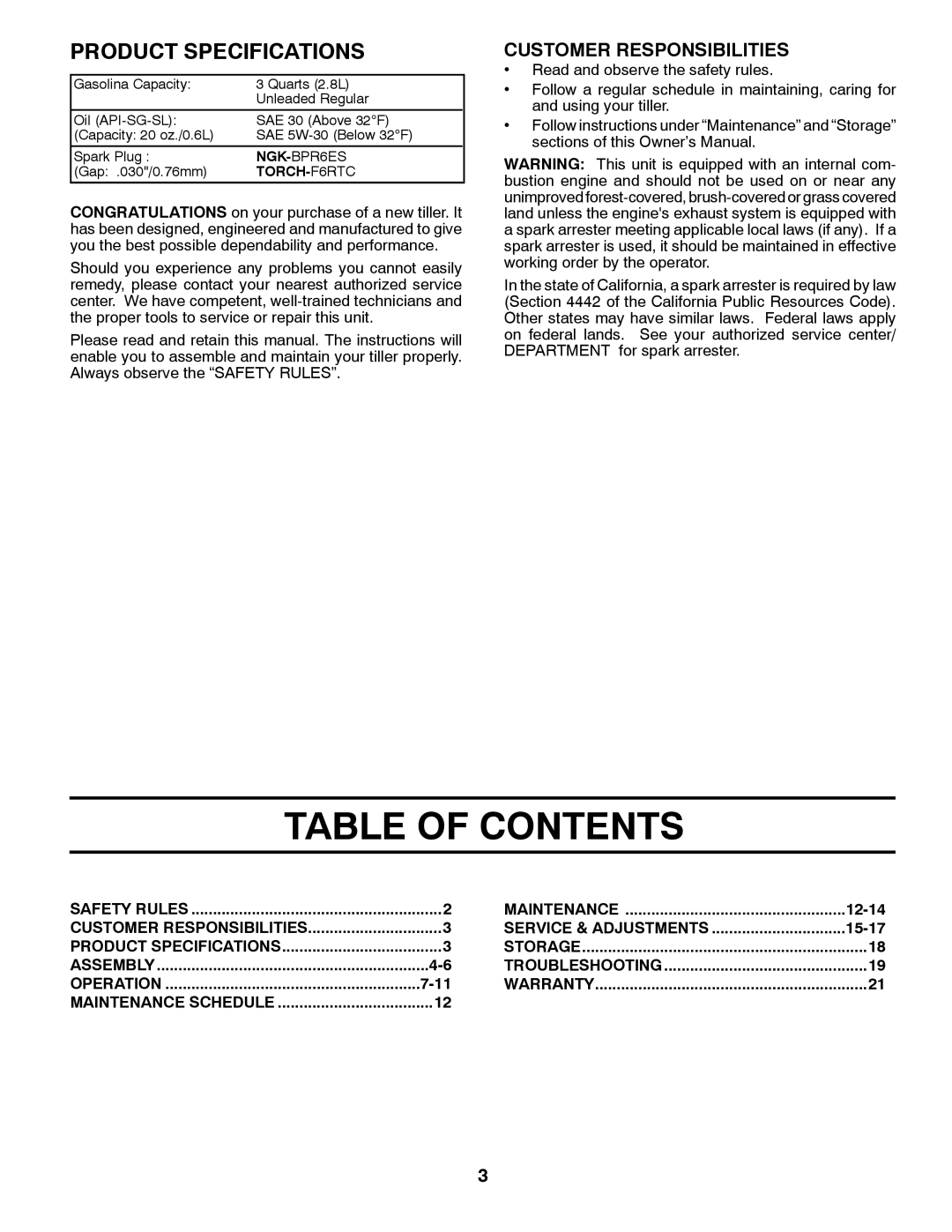 Poulan PRRT900 manual Table Of Contents, Product Specifications, Customer Responsibilities 