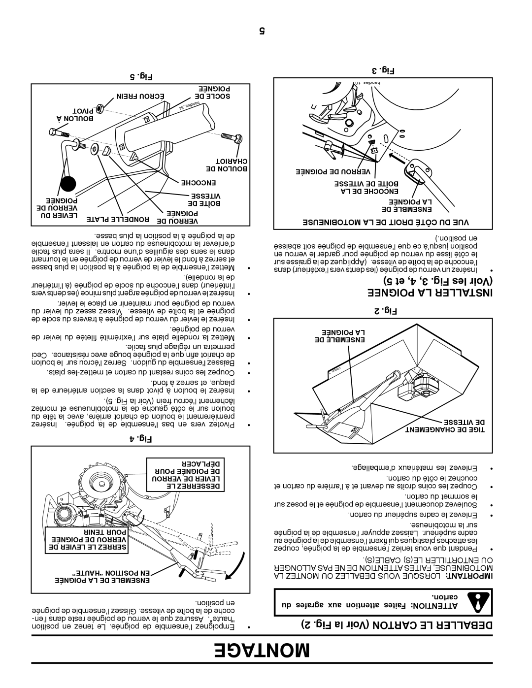 Poulan PRRT900 manual 5 et 4, 3, .Fig les Voir, Poignee La Installer, Fig la Voir CARTON LE DEBALLER, Montage, position en 