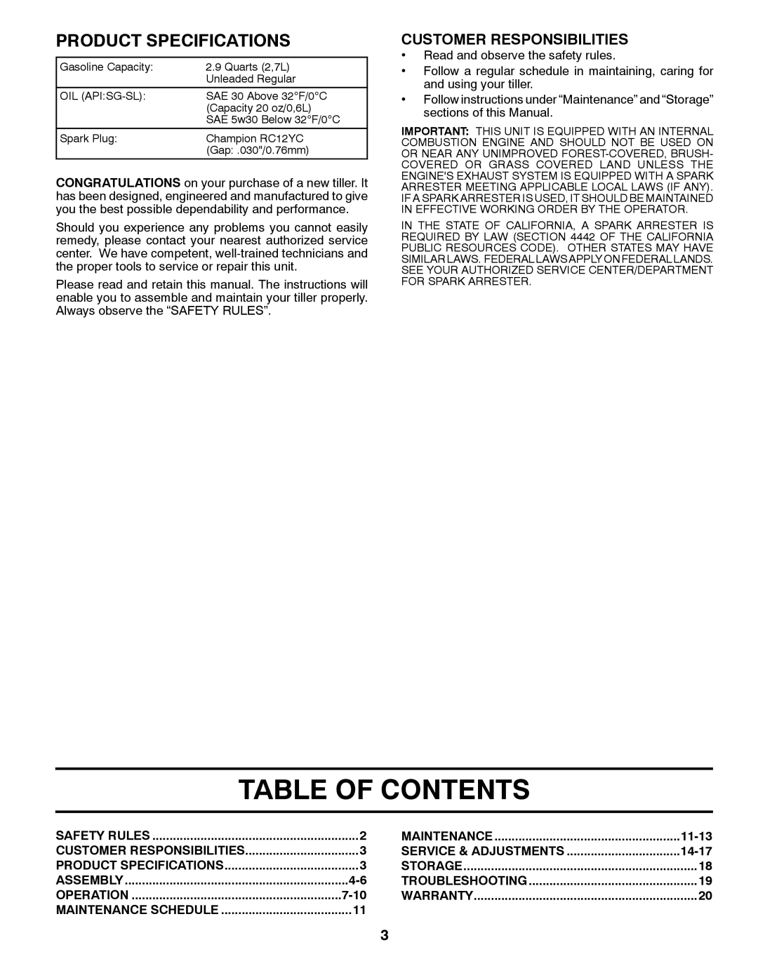 Poulan PRRT9000 warranty Table of Contents 