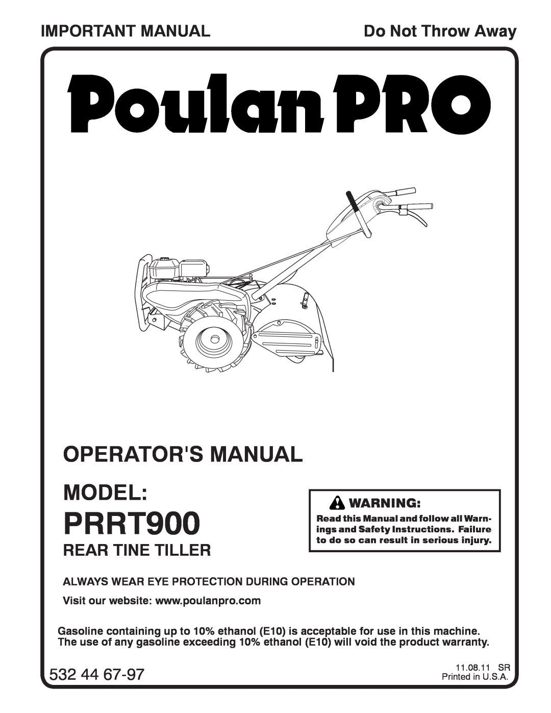 Poulan PRRT9000 warranty Operators Manual Model, Important Manual, Rear Tine Tiller, 532, Do Not Throw Away 
