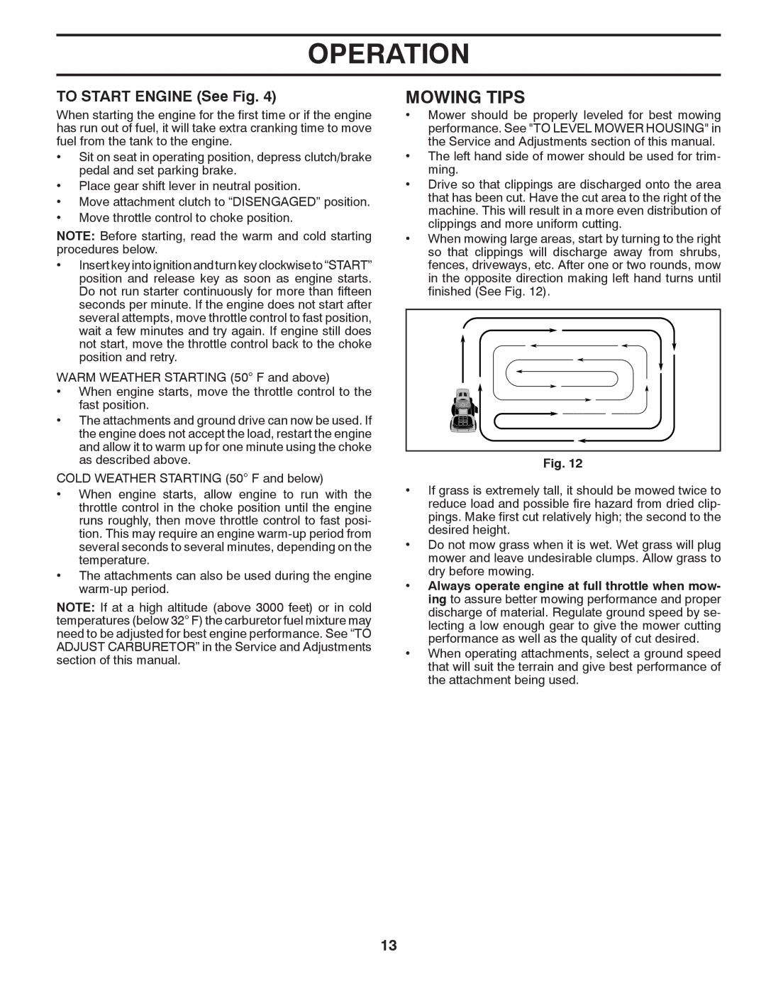 Poulan PXT12530 manual Mowing Tips, To Start Engine See Fig 