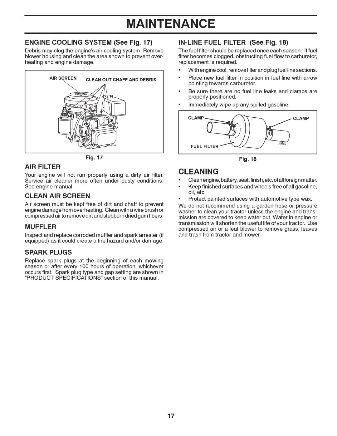 Poulan PXT12530 manual Cleaning, AIR Filter, Clean AIR Screen, Muffler, Spark Plugs 