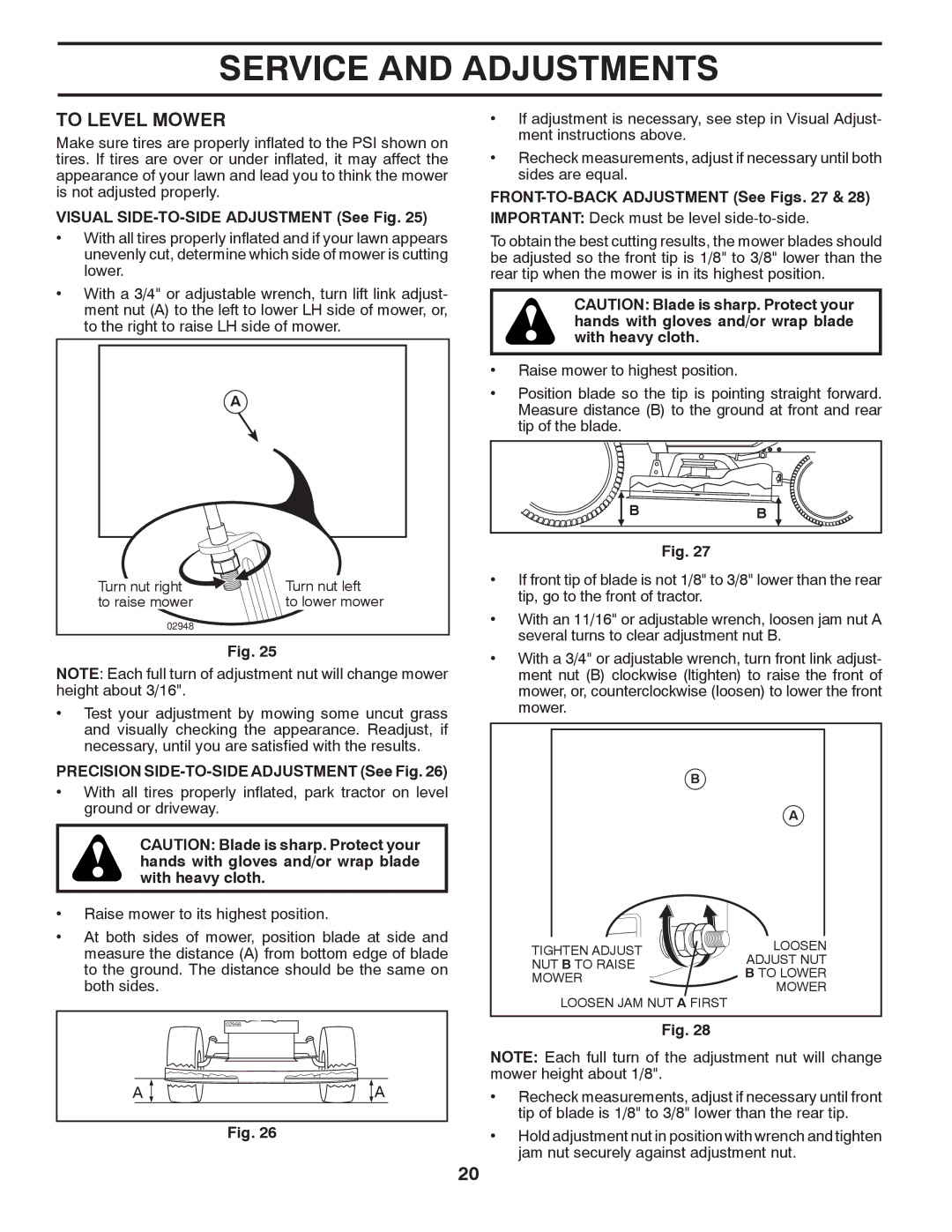 Poulan PXT12530 manual To Level Mower, Visual SIDE-TO-SIDE Adjustment See Fig 