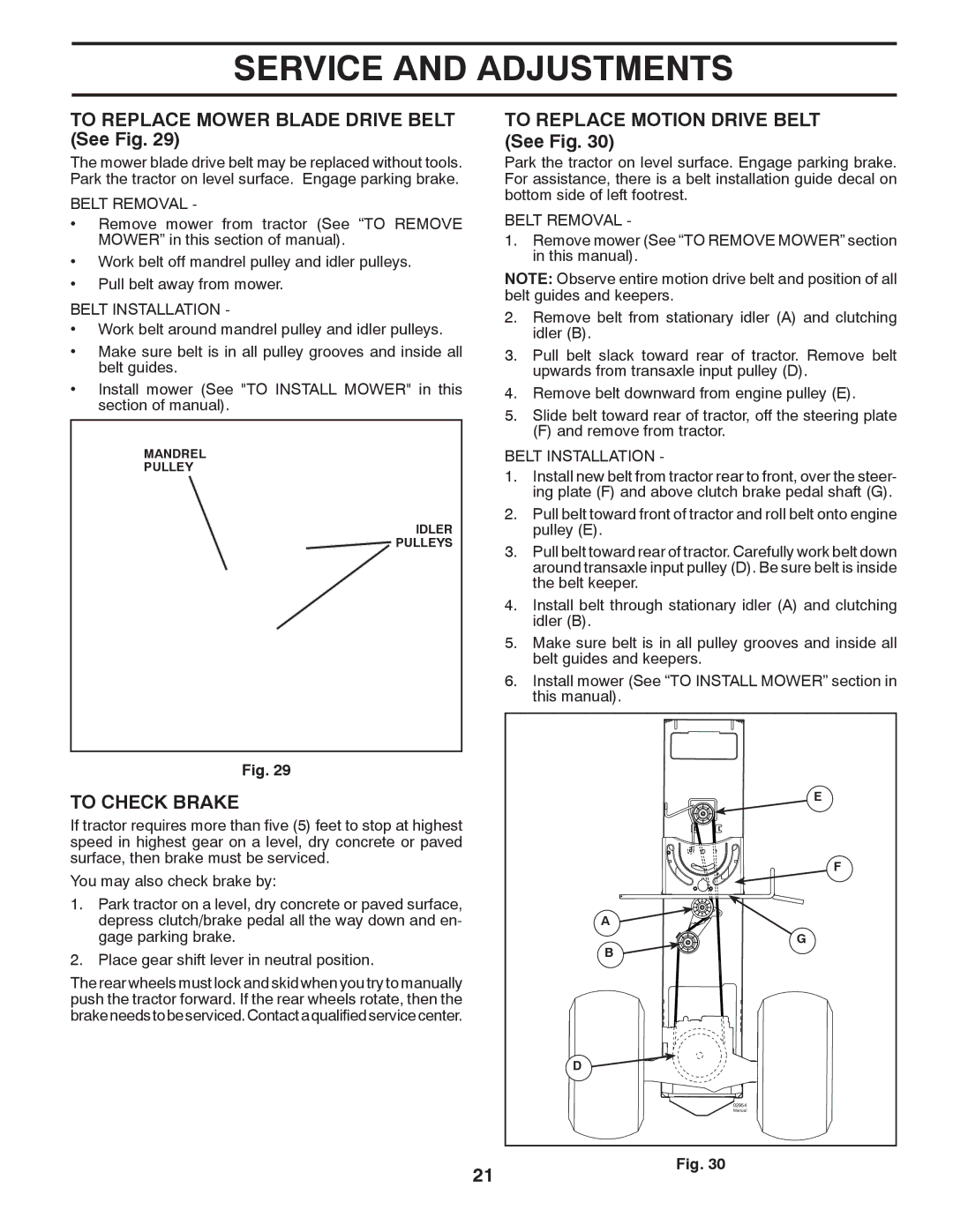 Poulan PXT12530 manual To Replace Mower Blade Drive Belt See Fig, To Replace Motion Drive Belt See Fig, To Check Brake 