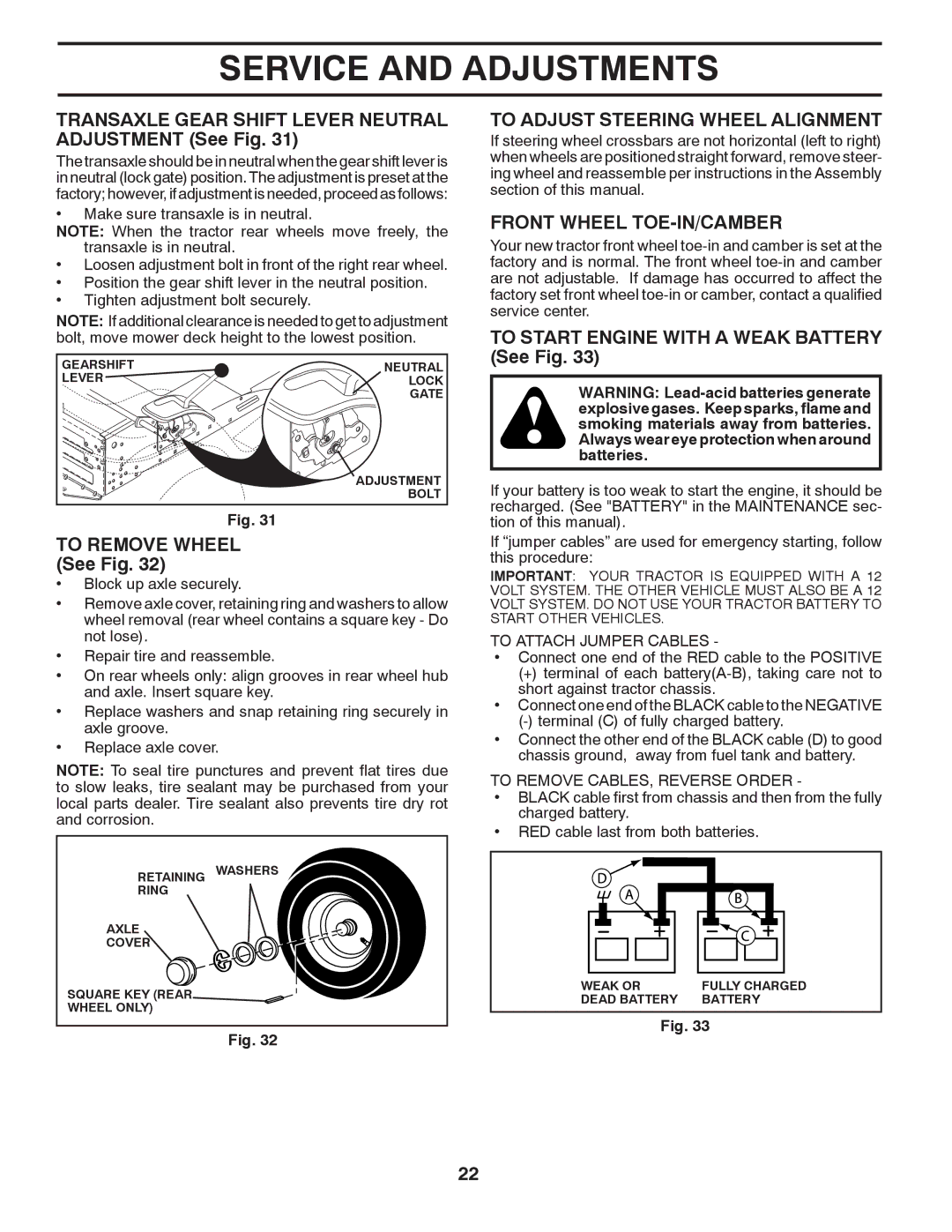 Poulan PXT12530 Transaxle Gear Shift Lever Neutral Adjustment See Fig, To Remove Wheel See Fig, Front Wheel TOE-IN/CAMBER 