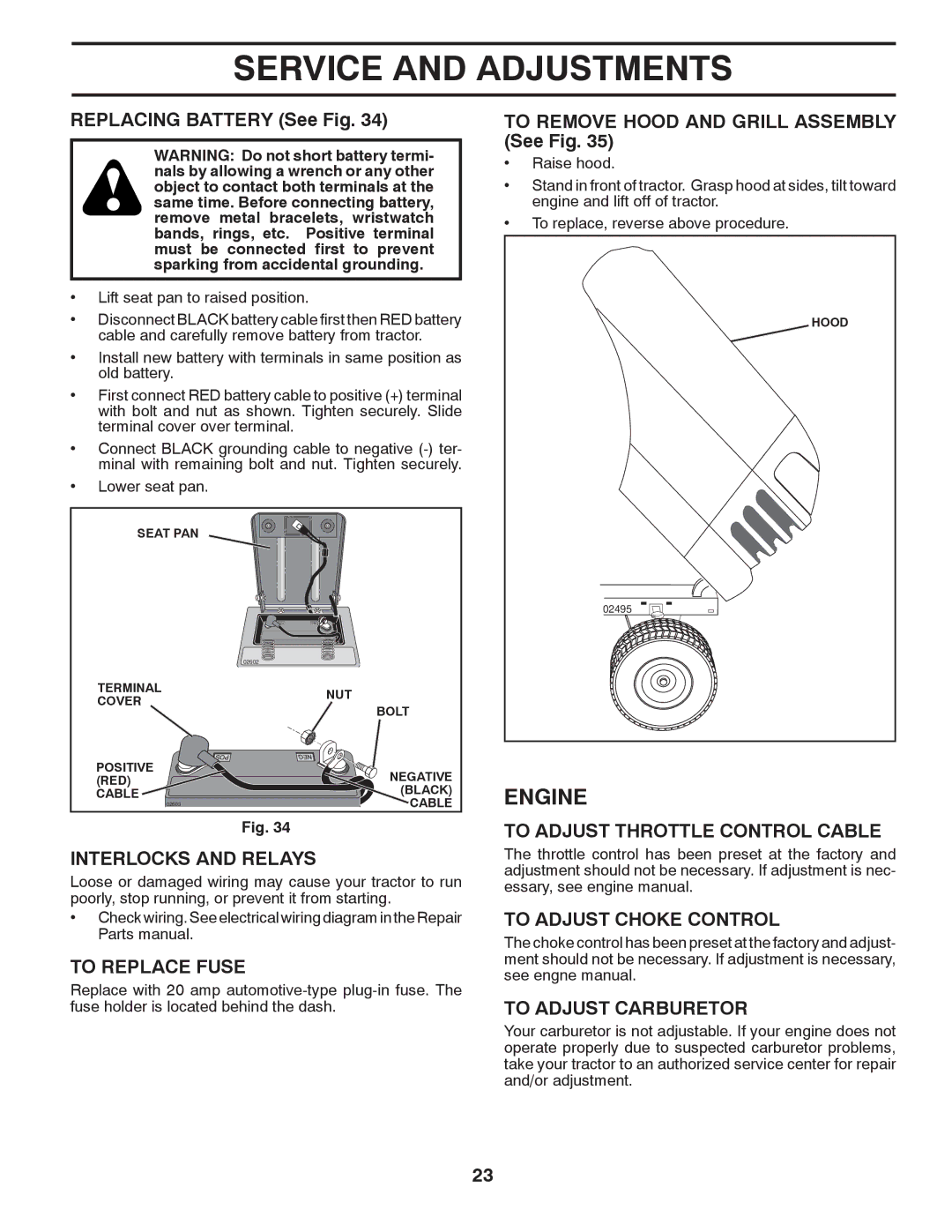 Poulan PXT12530 manual Interlocks and Relays, To Replace Fuse, To Adjust Throttle Control Cable, To Adjust Choke Control 