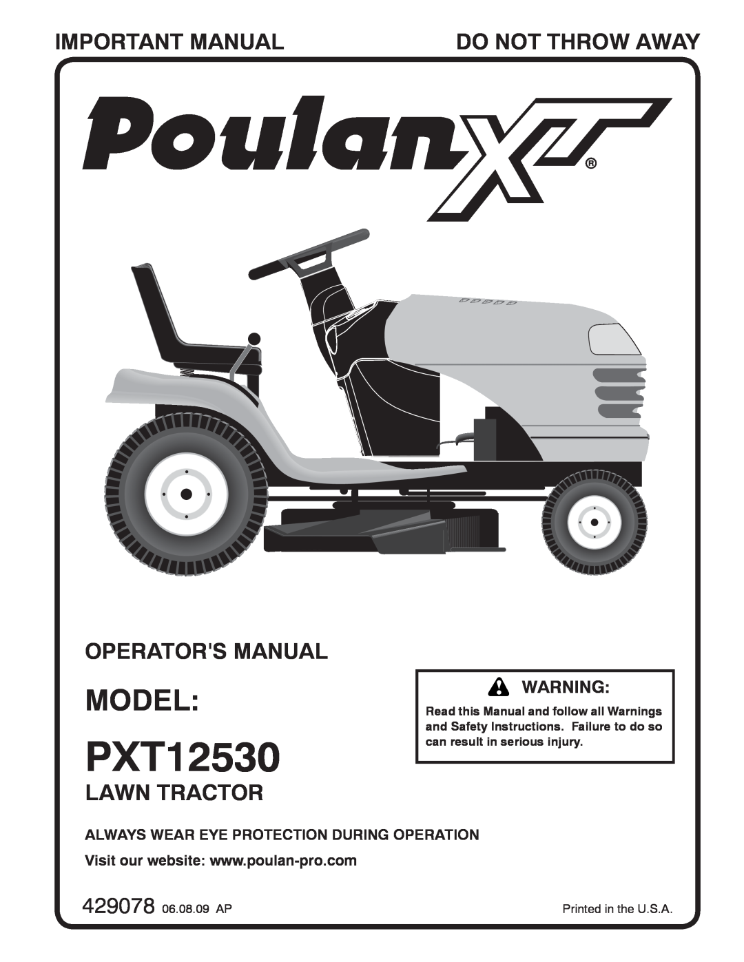 Poulan PXT12530 manual Model, Important Manual, Do Not Throw Away, Operators Manual, Lawn Tractor 