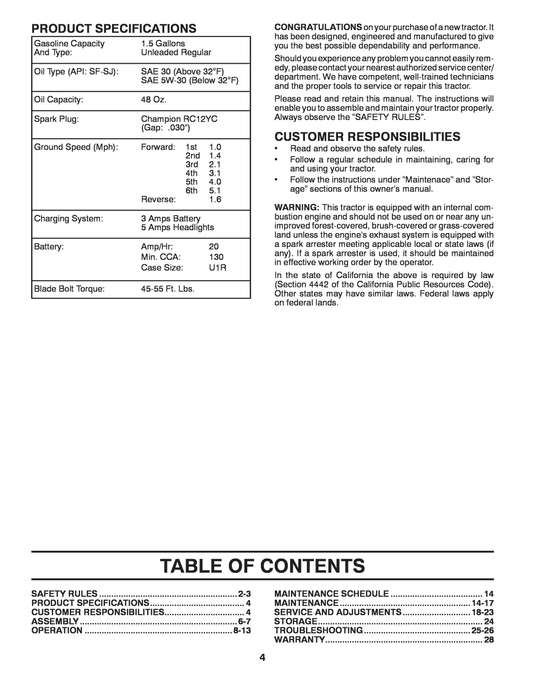 Poulan PXT12530 manual Table Of Contents, Product Specifications, Customer Responsibilities 