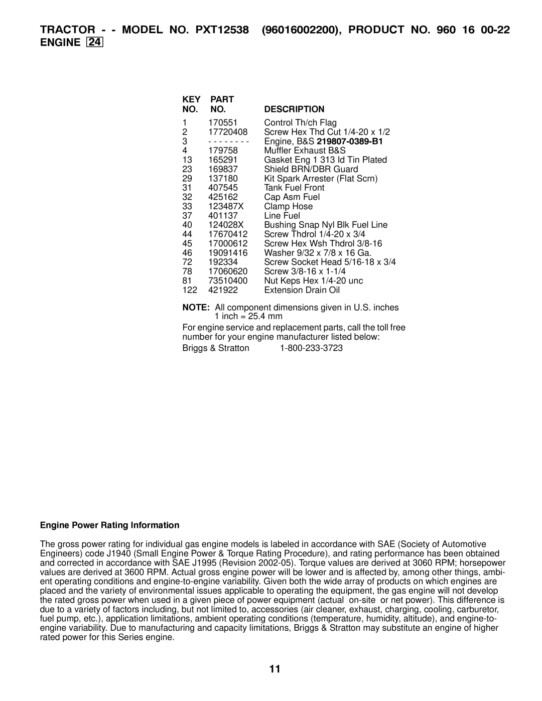 Poulan PXT12538 manual Engine Power Rating Information 