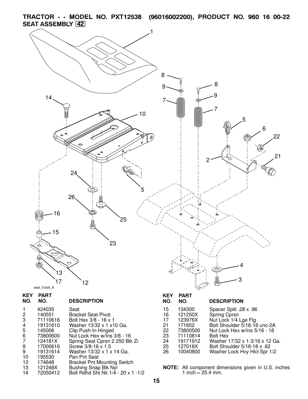 Poulan PXT12538 manual Seat Assembly 